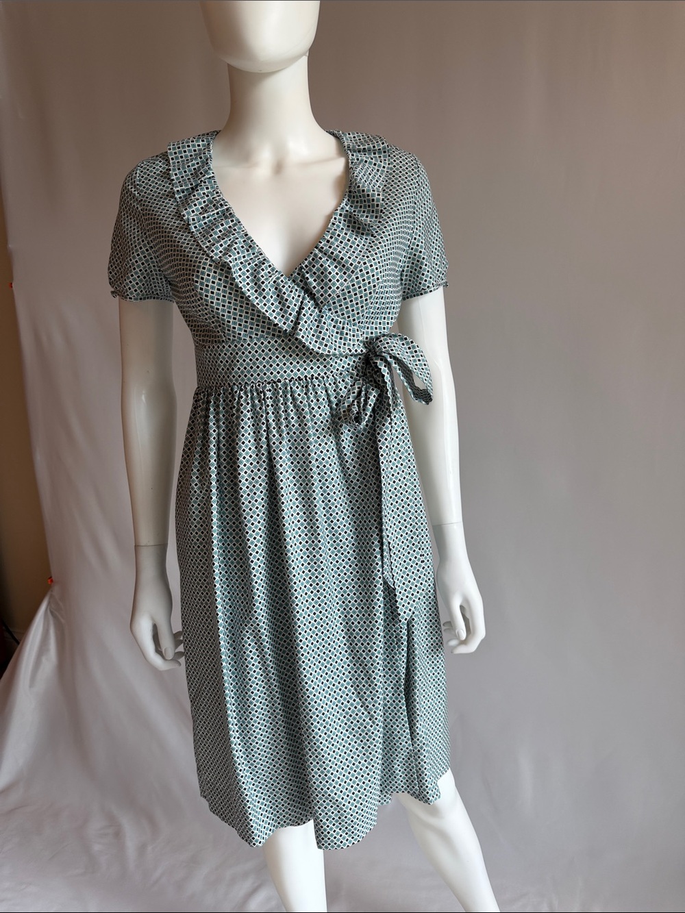 J. crew Ruffle Wrap Dress in blues and white with yellow